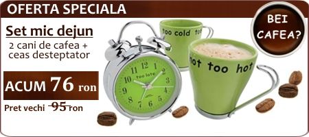 Set mic dejun - 2 cani de cafea + ceas desteptator Set mic dejun - 2 cani de cafea + ceas desteptator
